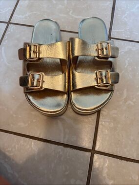 Women’s  Metallic Gold Double-Buckle Slide Sandals